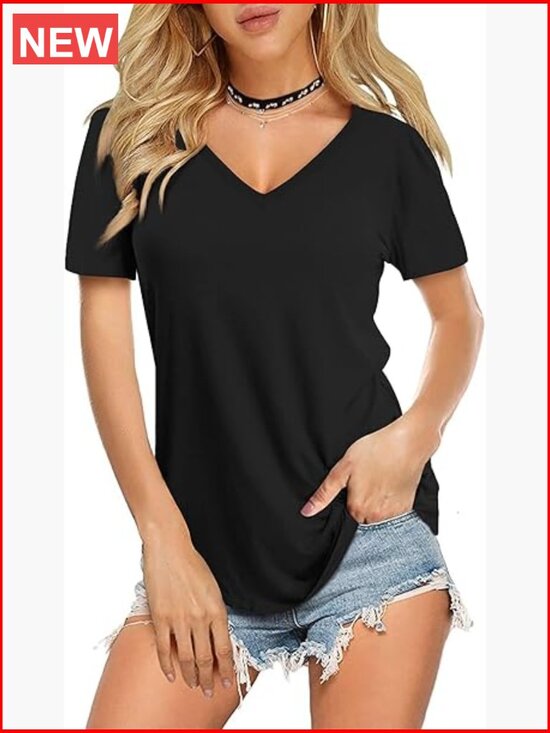 Tops - V Neck Short Sleeve T-Shirt Curved Hem Soft Rayon Spandex Basic Tee